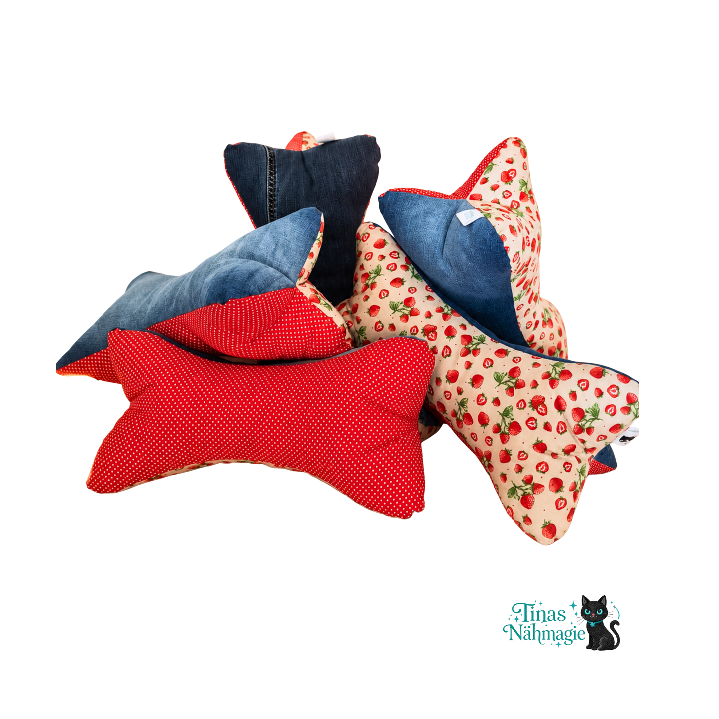 Leseknochen Erdbeeren - Nacken-und Lesekissen aus Baumwolle und Jeans, handgemacht